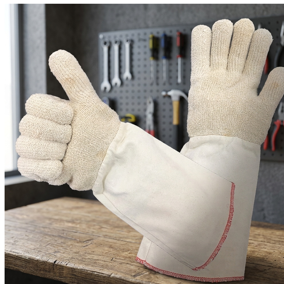 resources of Heat Resistant Terry Cloth Mitten, Canvas Cuff Terry 5 Finger Gloves, Cotton Working Terry Bakery Glove exporters