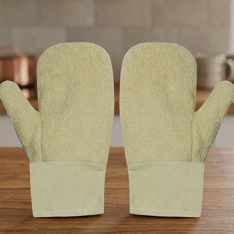 resources of Heat Resistant Terry Cloth Mitten, Canvas Cuff Terry 5 Finger Gloves, Cotton Working Terry Bakery Glove exporters