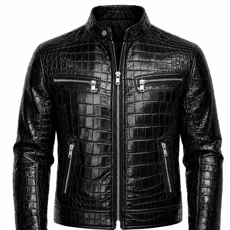 resources of Premium Black Crocodile Leather Biker Jacket exporters