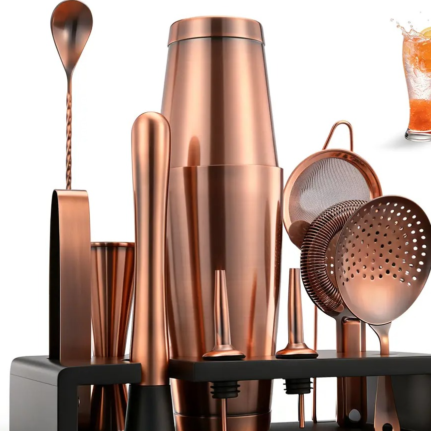 resources of Copper Cocktail Bar Set Stainless Steel Bartender Kit with Stand exporters