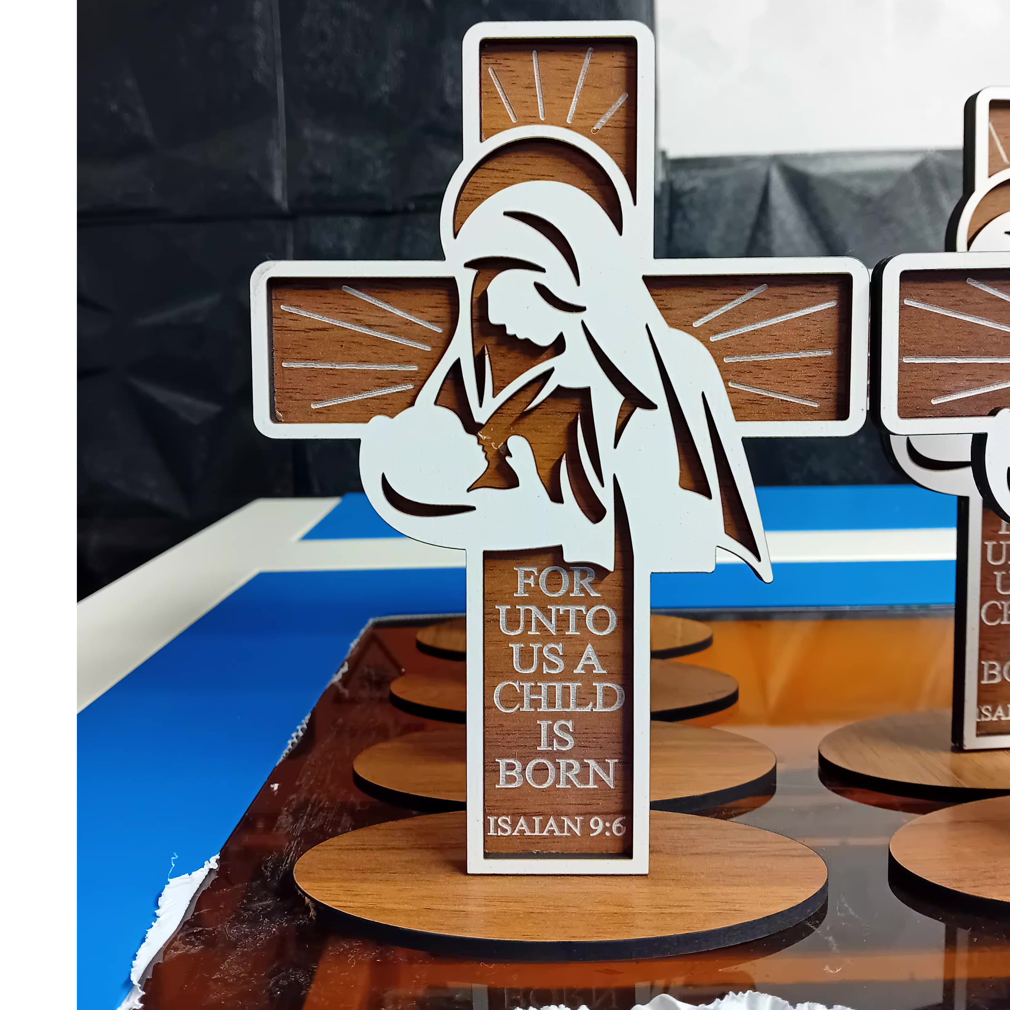 resources of Virgin Mary and Baby Jesus Cross, with a stand, handcrafted from quality MDF wood exporters