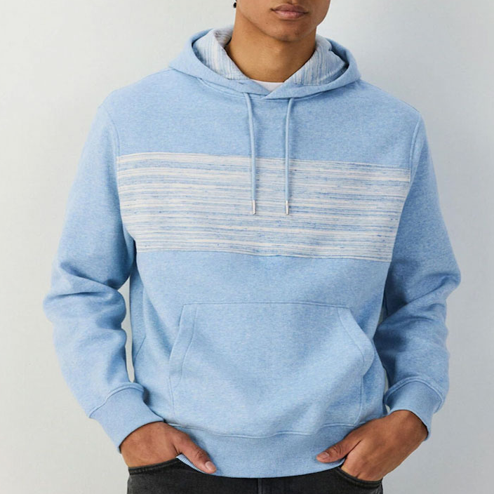 resources of Men’s Light Blue & Grey Color-Block Pullover Hoodie with Chest Stripe | Casual Streetwear OEM Manufacturer exporters